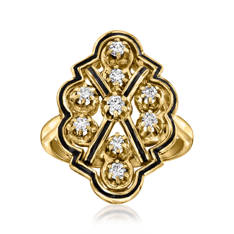 Vintage yellow gold ring with round diamonds and black enamel frame, 14kt setting