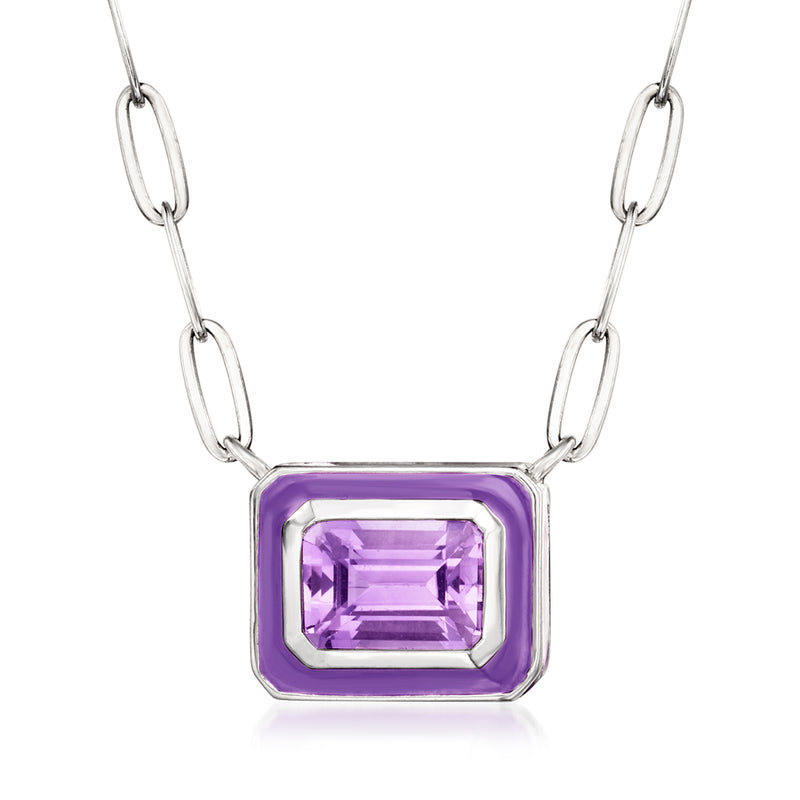 Sterling silver paper-clip link necklace with purple enamel square and amethyst gemstone