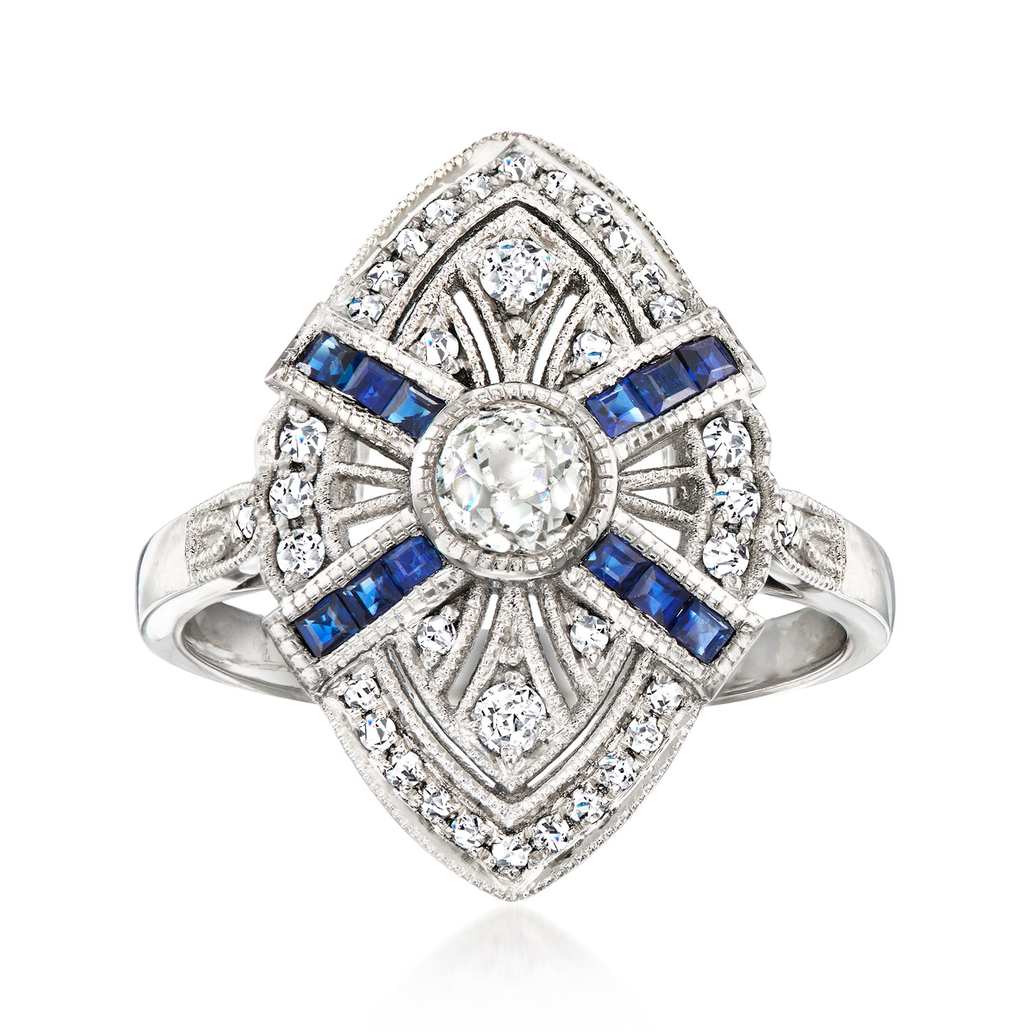 C 1990 Vintage 52 ct tw Diamond and 26 ct tw Sapphire Filigree Ring in Platinum