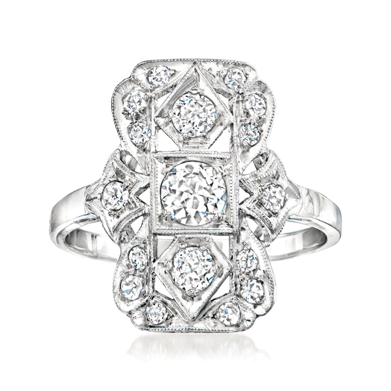 Platinum vintage diamond filigree ring with prong-set round stones, size 5.5