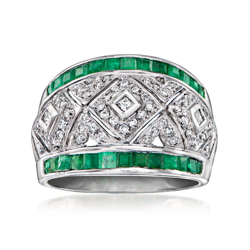 Vintage 14kt white gold ring with emerald and diamond inlay