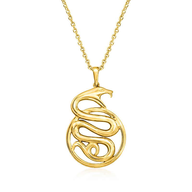 Gold snake pendant necklace with coiled S-shape charm on link chain
