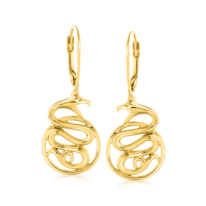 Gold over sterling snake drop earrings with leverback closures, round sculpted design