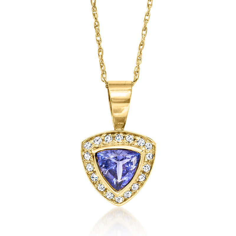 14kt yellow gold pendant necklace with blue tanzanite center and diamond halo