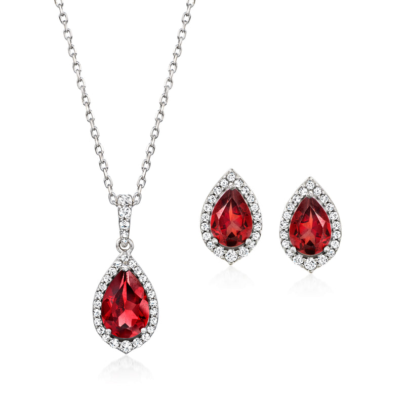Sterling silver garnet and white topaz jewelry set with teardrop pendant and earrings