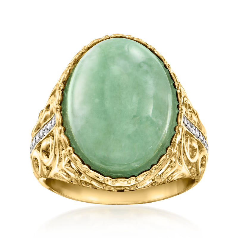 Oval jade cabochon ring in 18kt gold over sterling with diamond accents