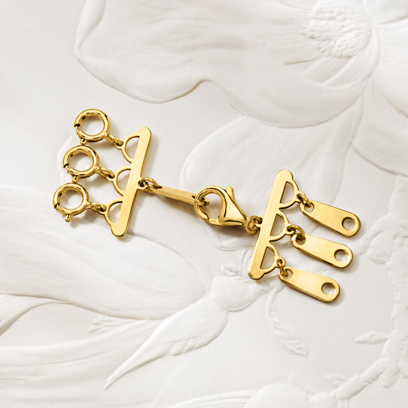 10kt yellow gold layering clasp with three loops and hinged bars, open view