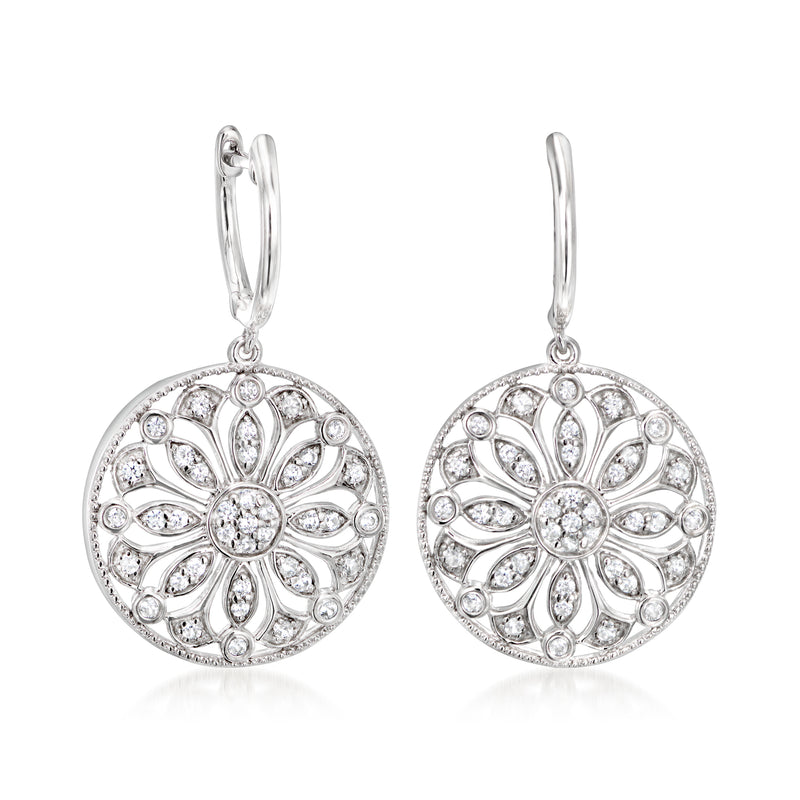 Sterling silver round flower drop earrings with clear zircon-style stones