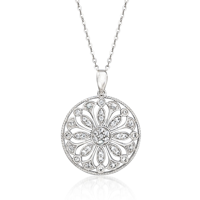 Sterling silver vintage flower pendant necklace with round zircon halo and chain