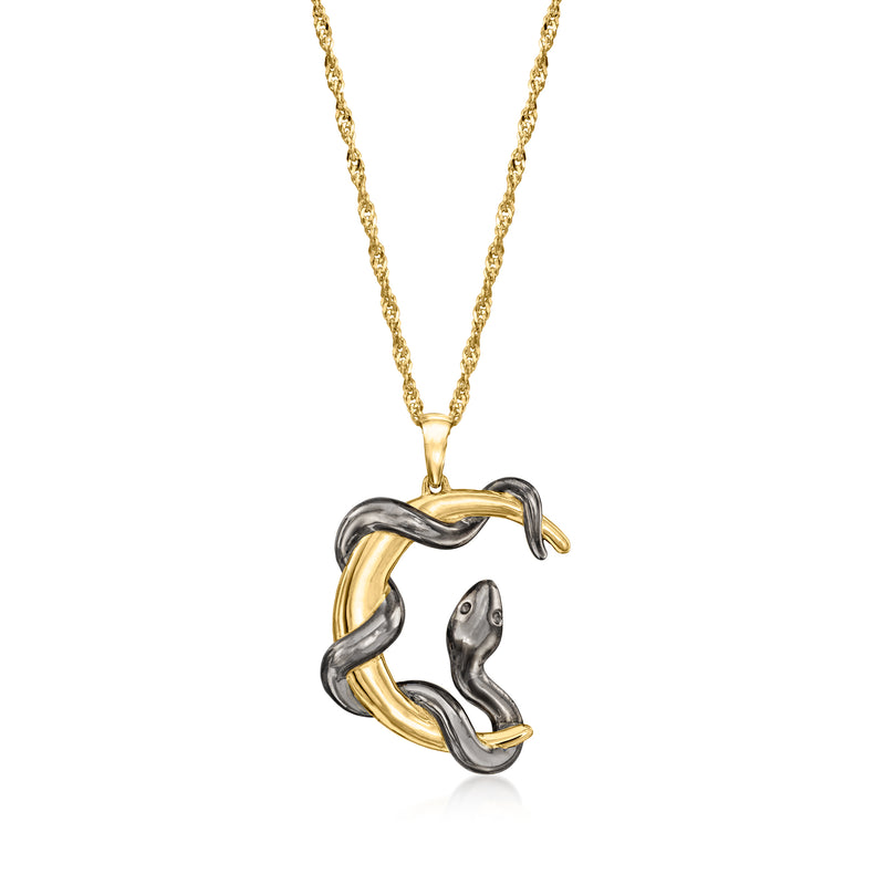Gold over sterling moon and snake pendant necklace with intertwined crescent design