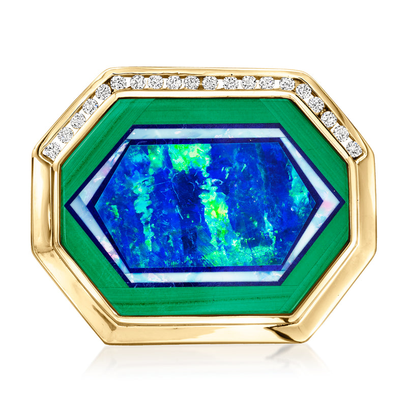 Yellow gold octagonal pin/pendant with green frame, blue center gemstone, and diamond accents