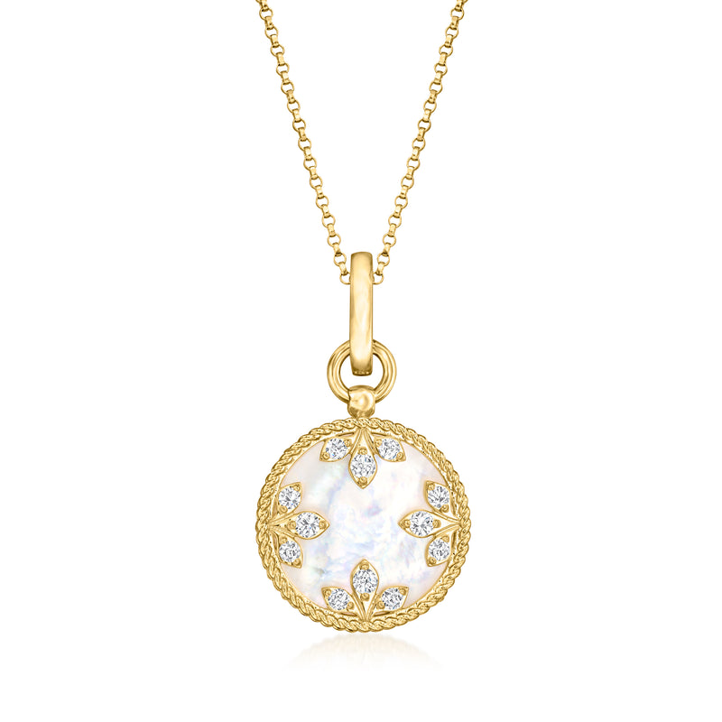 18kt yellow gold necklace with round mother-of-pearl pendant and diamond accents