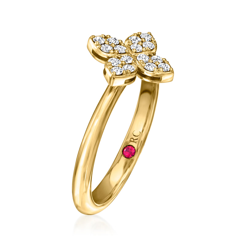 Yellow gold open-band flower ring with diamond clusters and pink accent stone