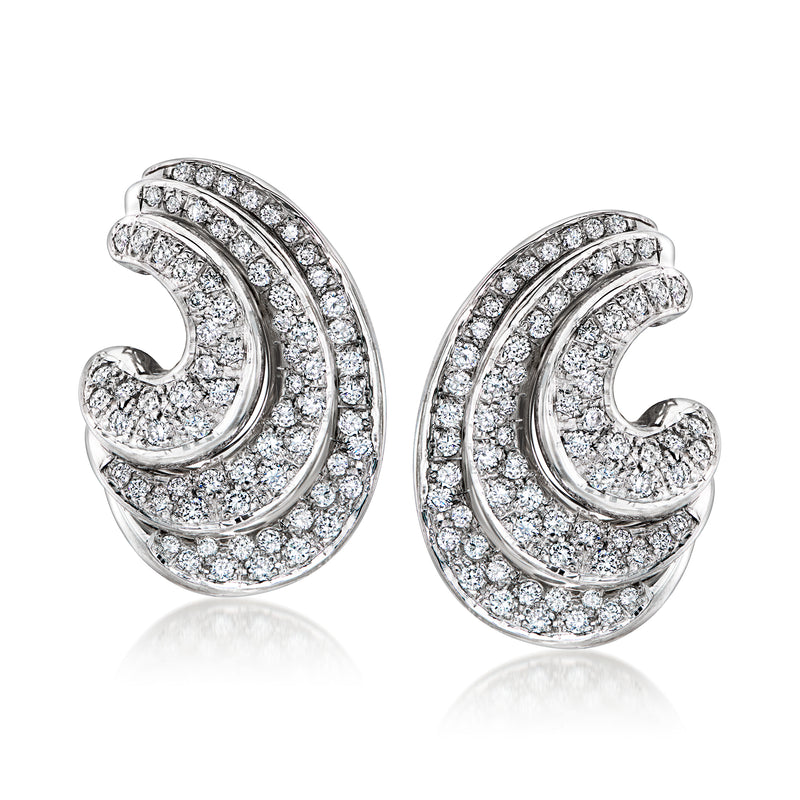 Diamond swirl earrings in 18kt white gold, crescent-shaped, pavé set