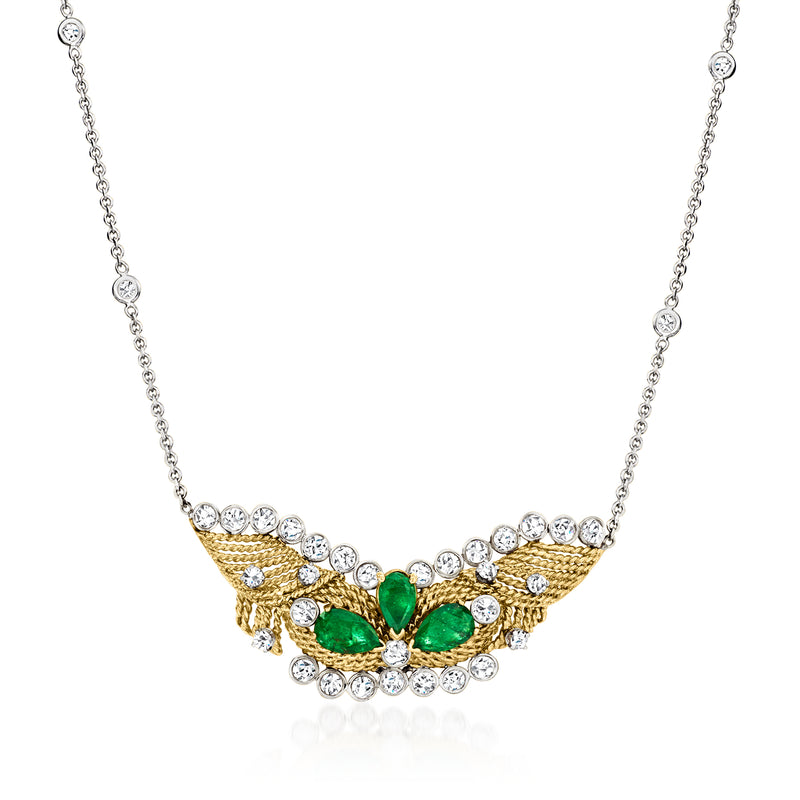 Two-tone gold necklace with diamond halo and green emerald center stones
