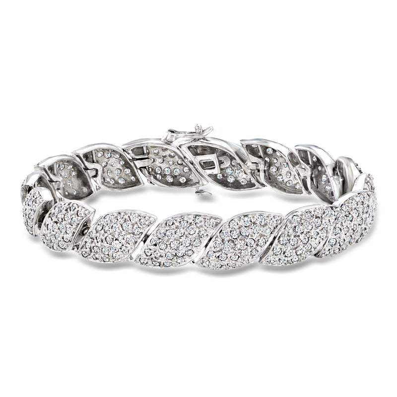 White gold diamond curved-link bracelet with pave links, vintage style clasp