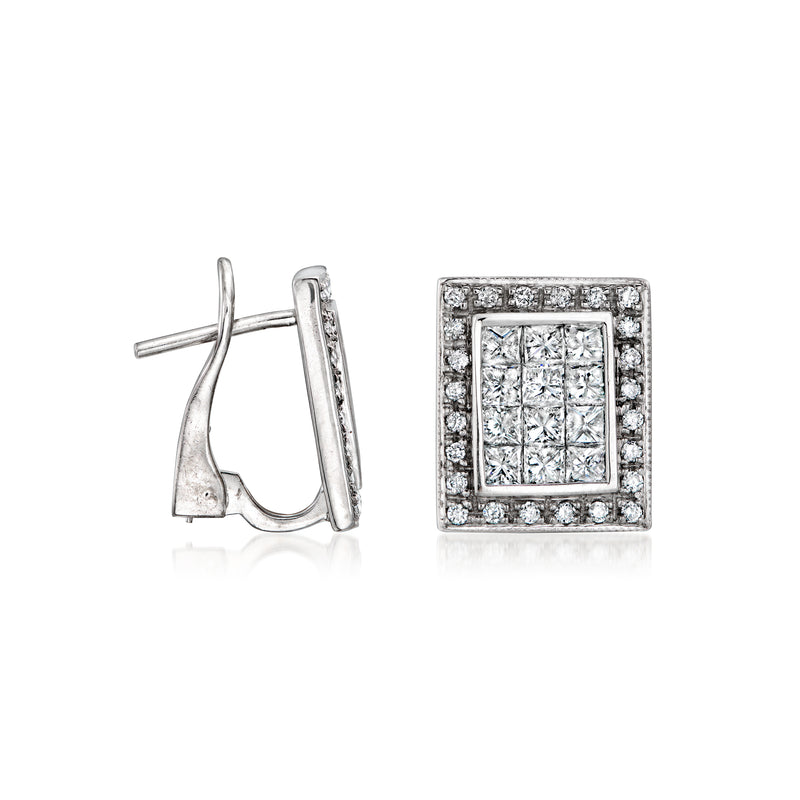 Vintage rectangular diamond earrings in 18kt white gold, front and side view