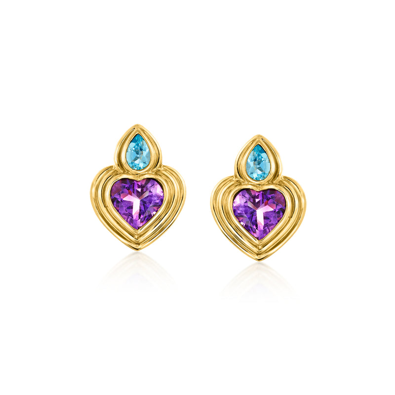 18kt yellow gold heart stud earrings with purple and blue gemstones