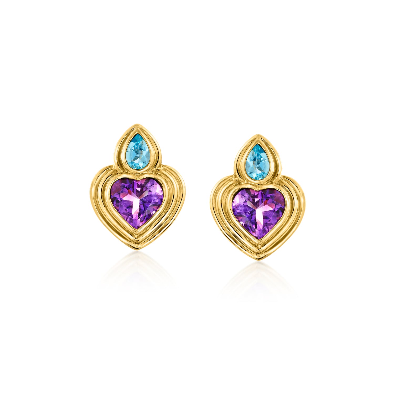 C. 1980 Vintage 4.00 ct. t.w. Amethyst and 1.00 ct. t.w. Sky Blue Topaz Heart Earrings in 18kt Yellow Gold