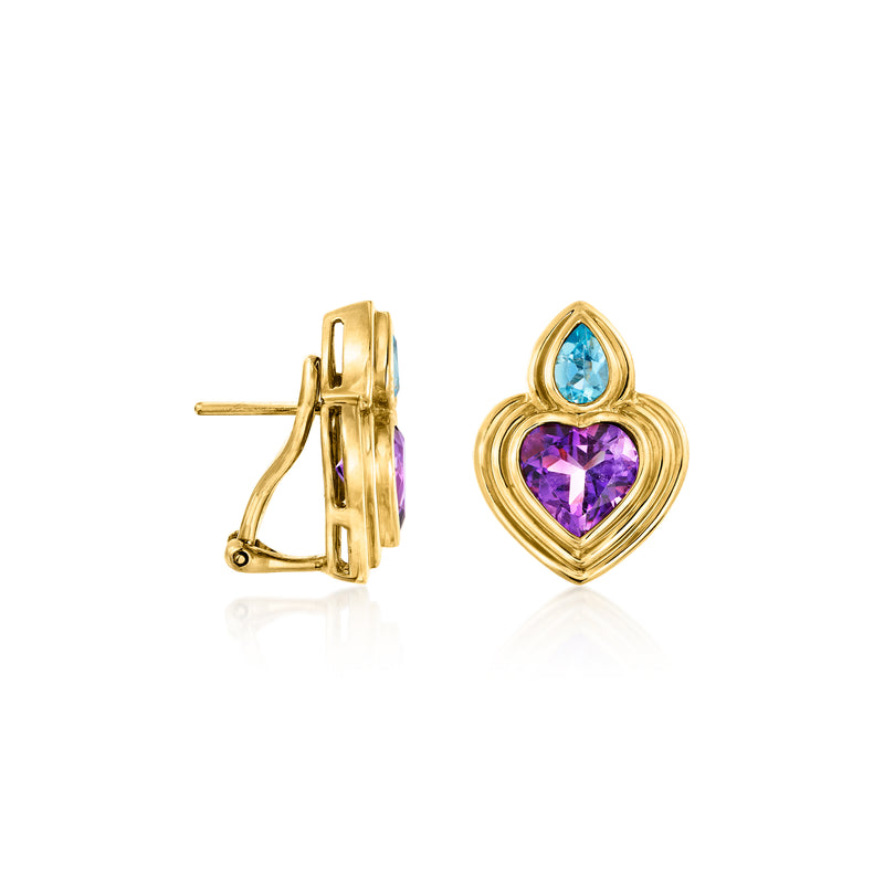 18kt yellow gold heart stud earrings, side view with blue and purple stones