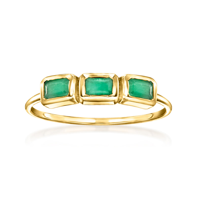 14kt yellow gold three-stone emerald-cut ring with three green gemstones