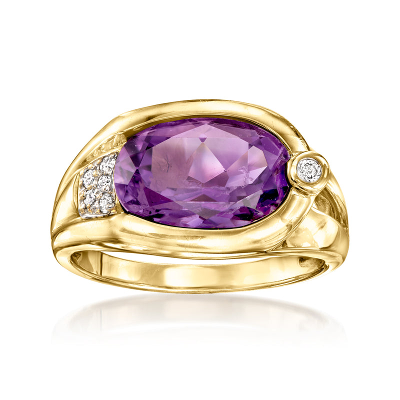 14kt yellow gold amethyst oval ring with small round diamond accents on shoulders