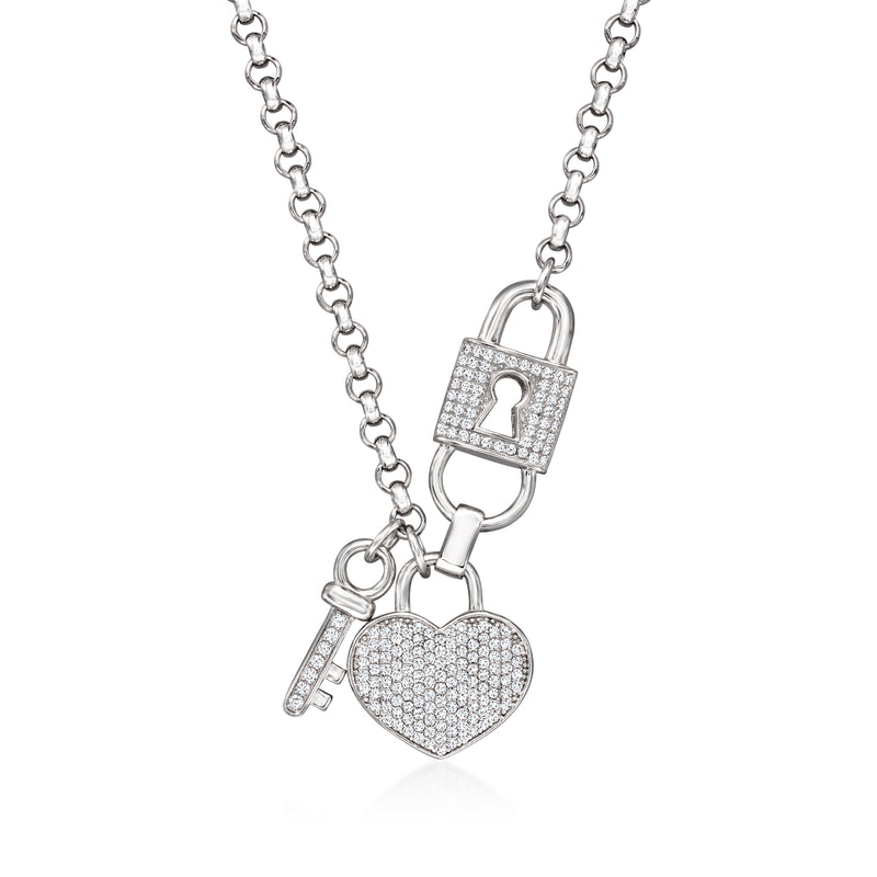 Sterling silver necklace with CZ heart, lock, and key charms