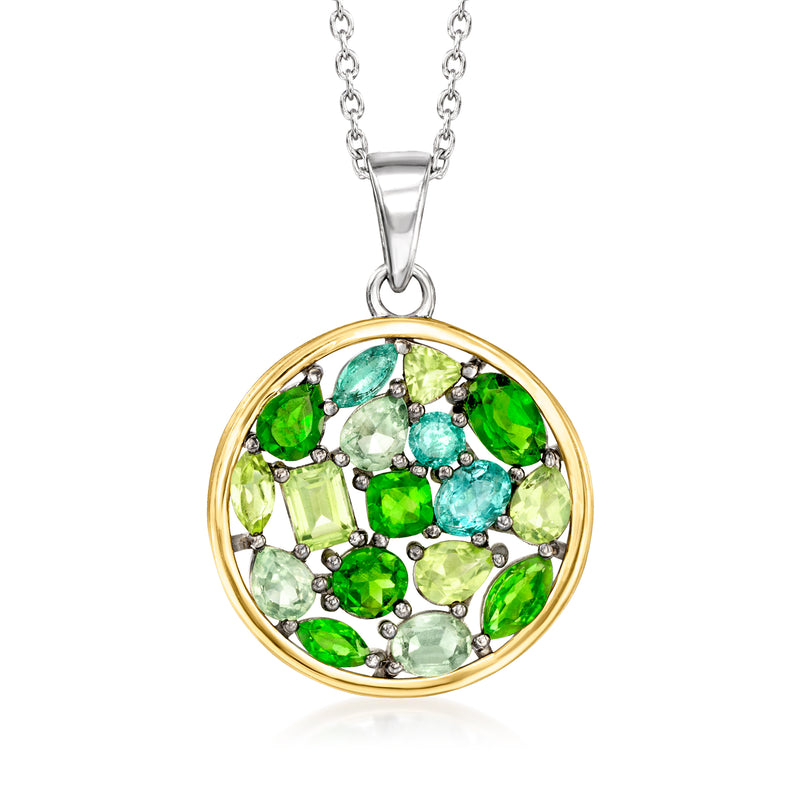 Multi-gemstone round pendant necklace in sterling silver with 14kt yellow gold bezel