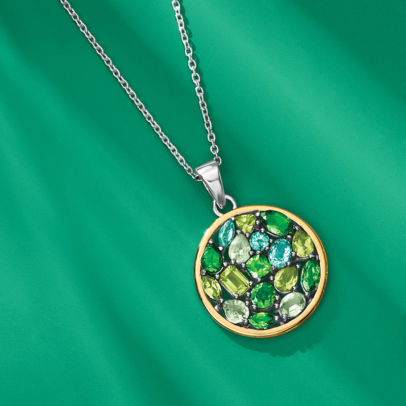 Round multi-gemstone pendant necklace with green and light stones, yellow gold rim