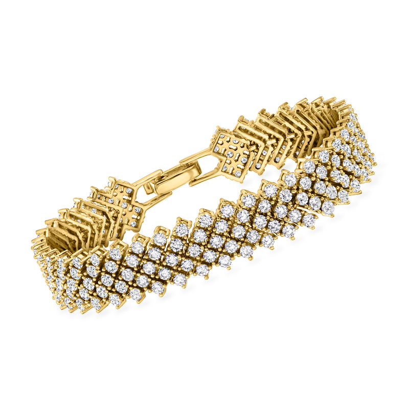Gold over sterling CZ tennis bracelet with five rows of round clear prong-set stones