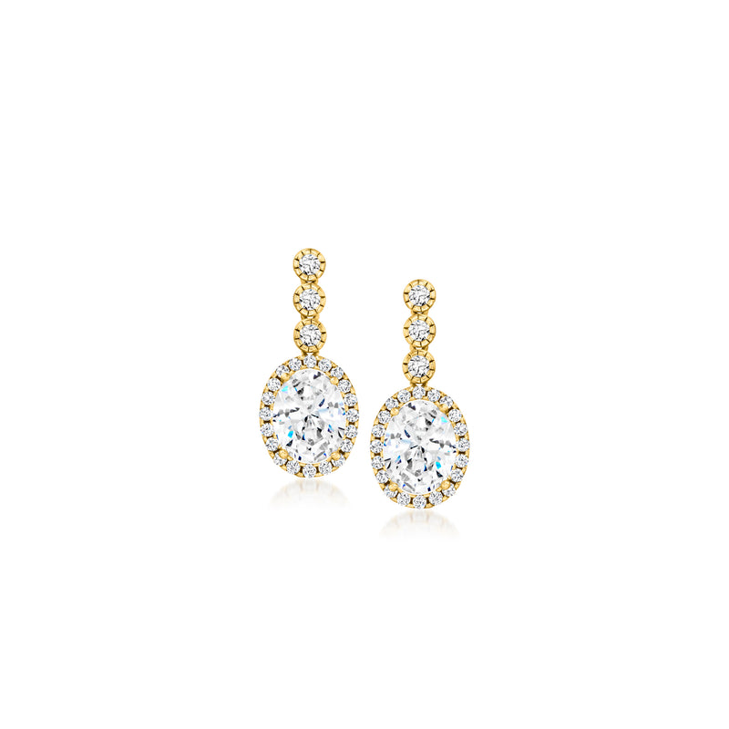 18kt gold over sterling CZ drop earrings with three-stone top and round crystal drops