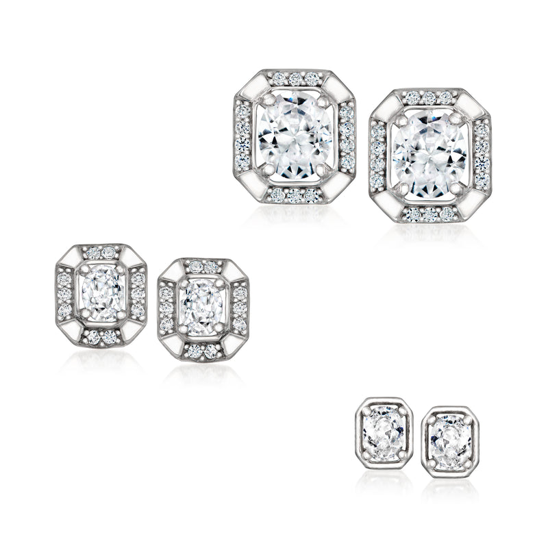 Sterling silver CZ stud earring set, three pairs of square halo posts with clear stones