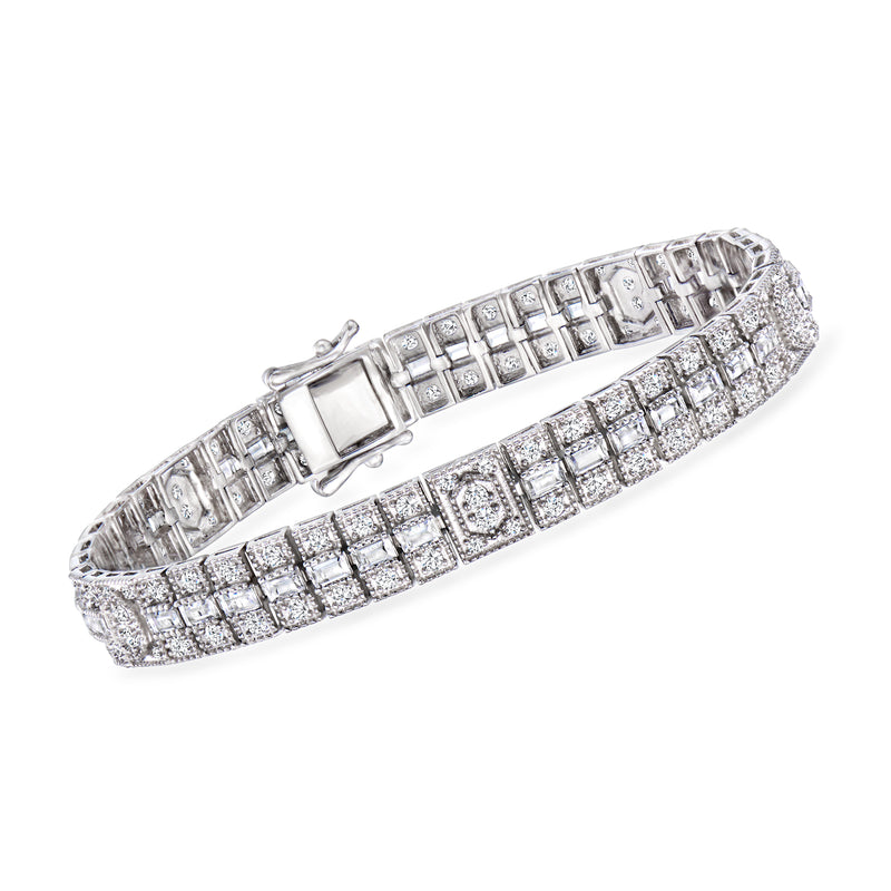 Sterling silver CZ tennis bracelet with square clasp, sparkling clear stones in rows