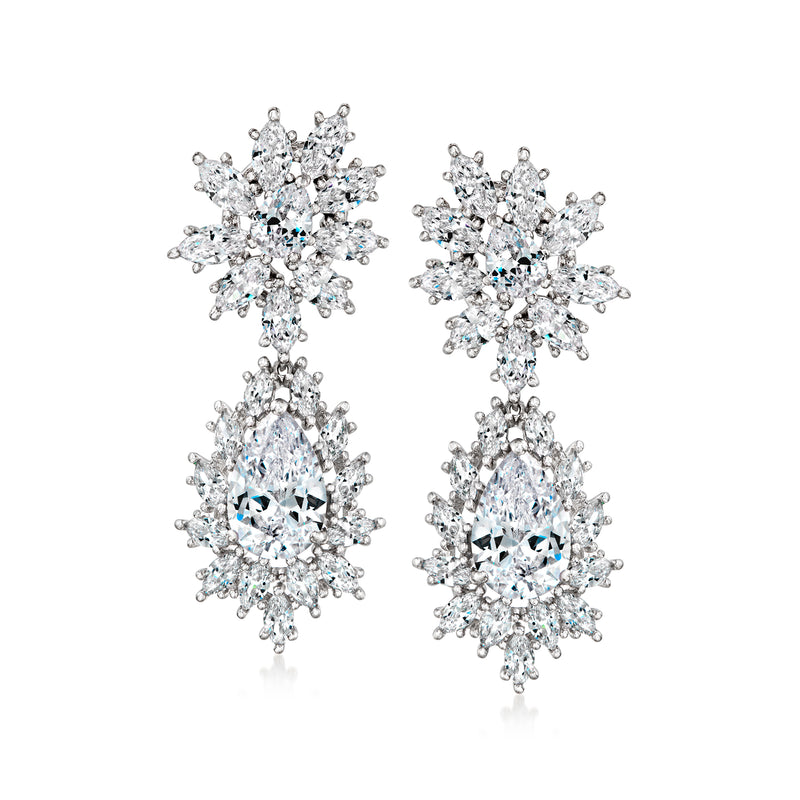Sterling silver CZ drop earrings with snowflake cluster and teardrop crystal