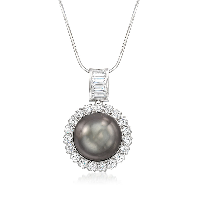 White gold pendant necklace with dark round pearl center and diamond halo