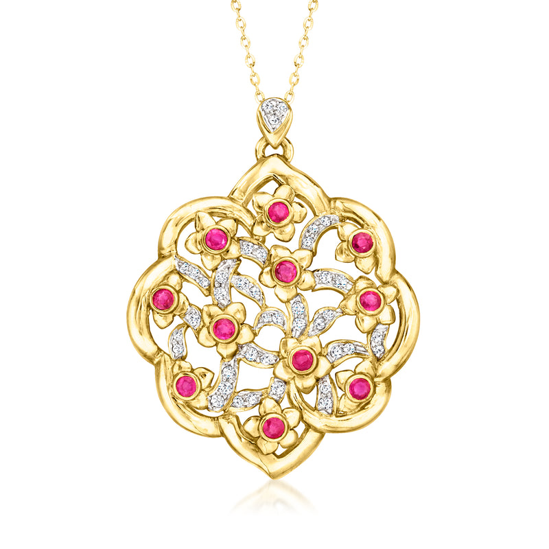 18k yellow gold floral pendant necklace with ruby cabochons and diamond accents