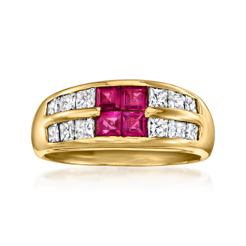 18kt yellow gold two-row ring with pink ruby center and white diamond side stones