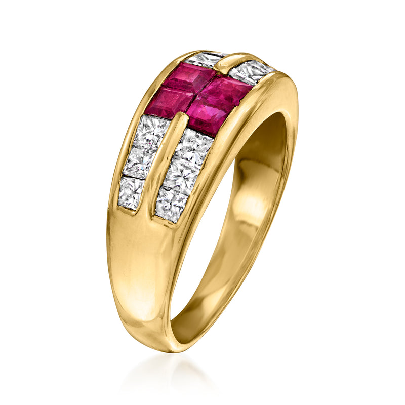 Yellow gold ring with pink ruby square center and white diamond side stones, side view