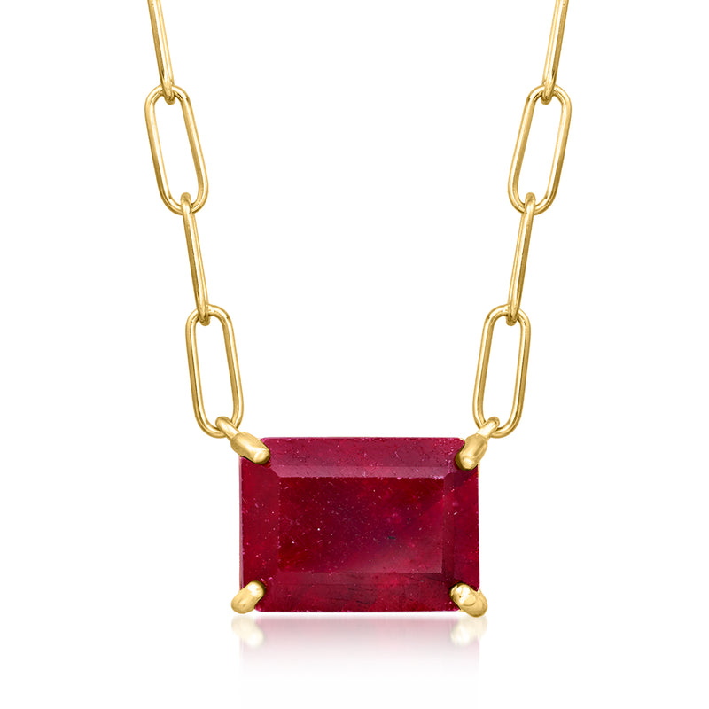 18kt gold over sterling paper clip link necklace with dark red ruby rectangle pendant