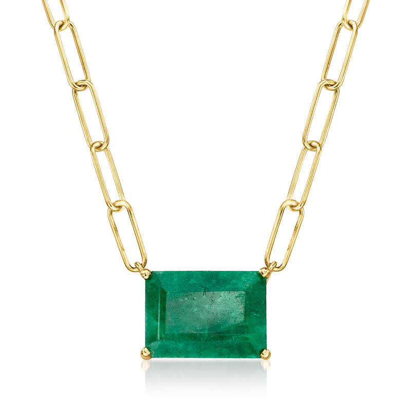 Gold paper-clip link necklace with rectangular emerald-green gemstone pendant