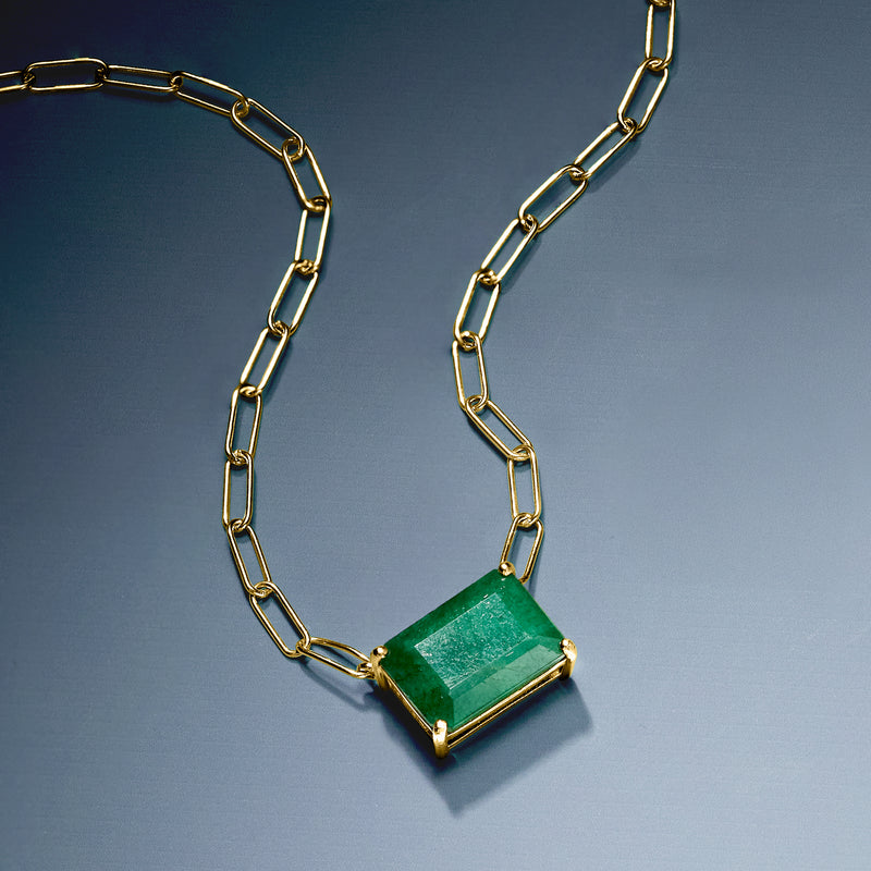 Gold paper-clip link necklace with emerald-green rectangular gemstone pendant, angled