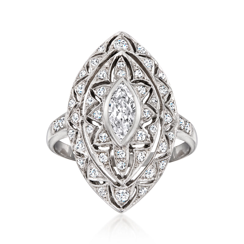 Vintage marquise diamond cluster ring in 18kt white gold, prong-set center stone