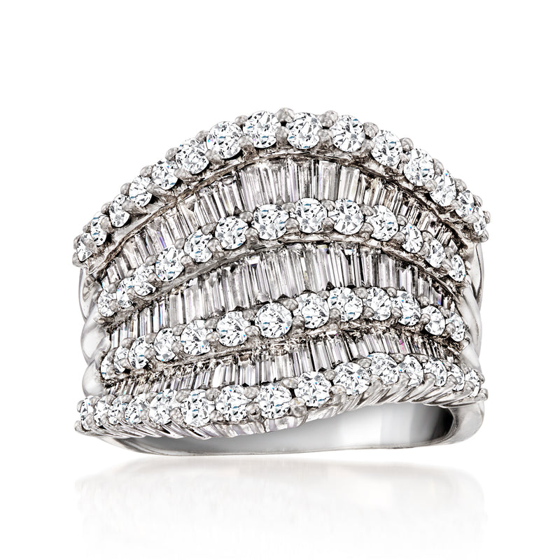 18kt white gold diamond multi-row ring with baguette and round stones, polished band