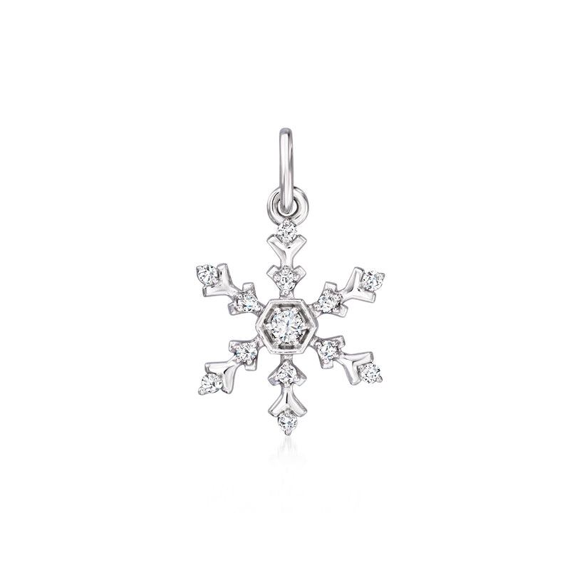 Sterling silver snowflake charm with prong-set clear stones and hanging loop