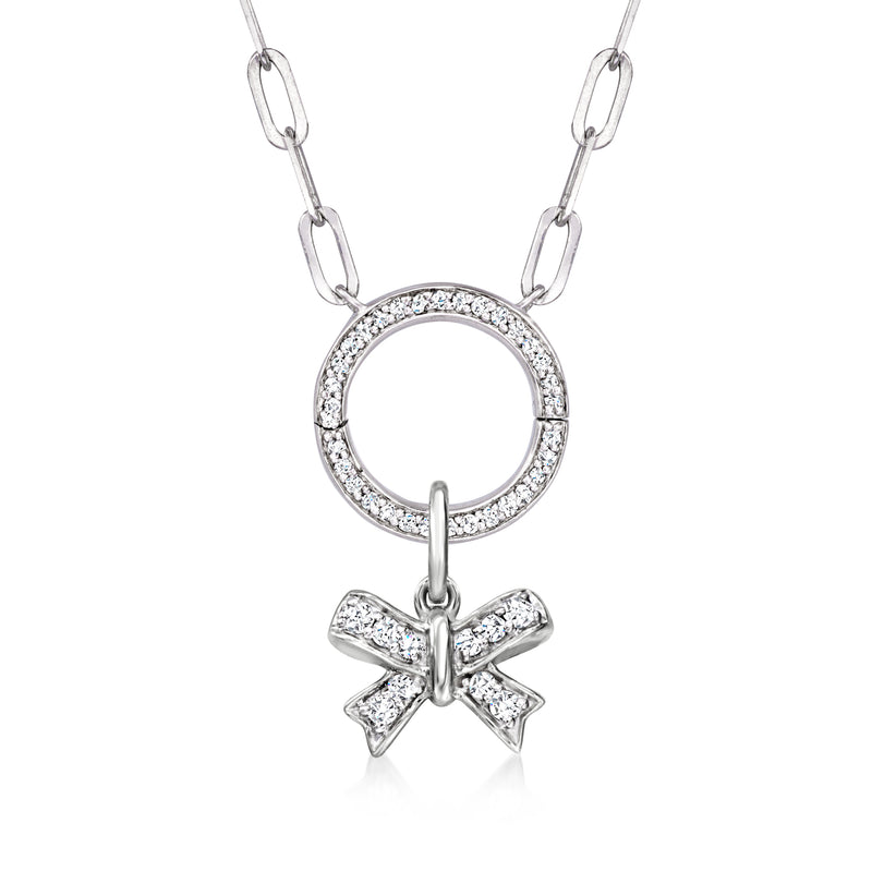 Sterling silver diamond charm with round ring frame and bow topper on chain