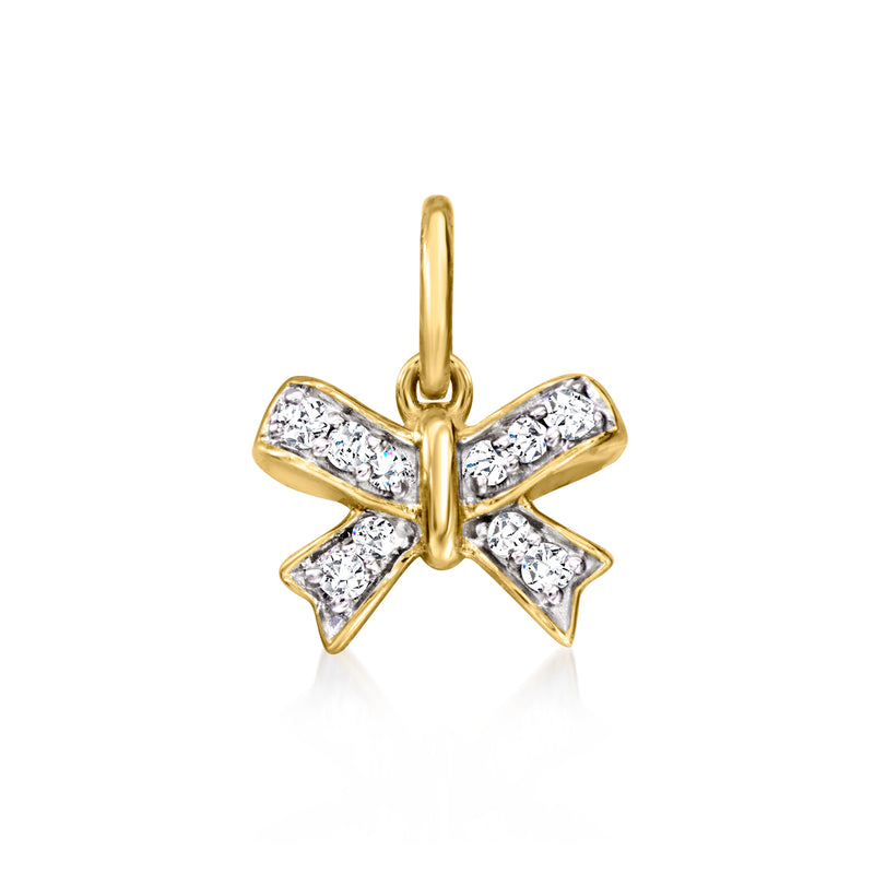 14kt yellow gold diamond bow charm with hanging loop and four-stone bow