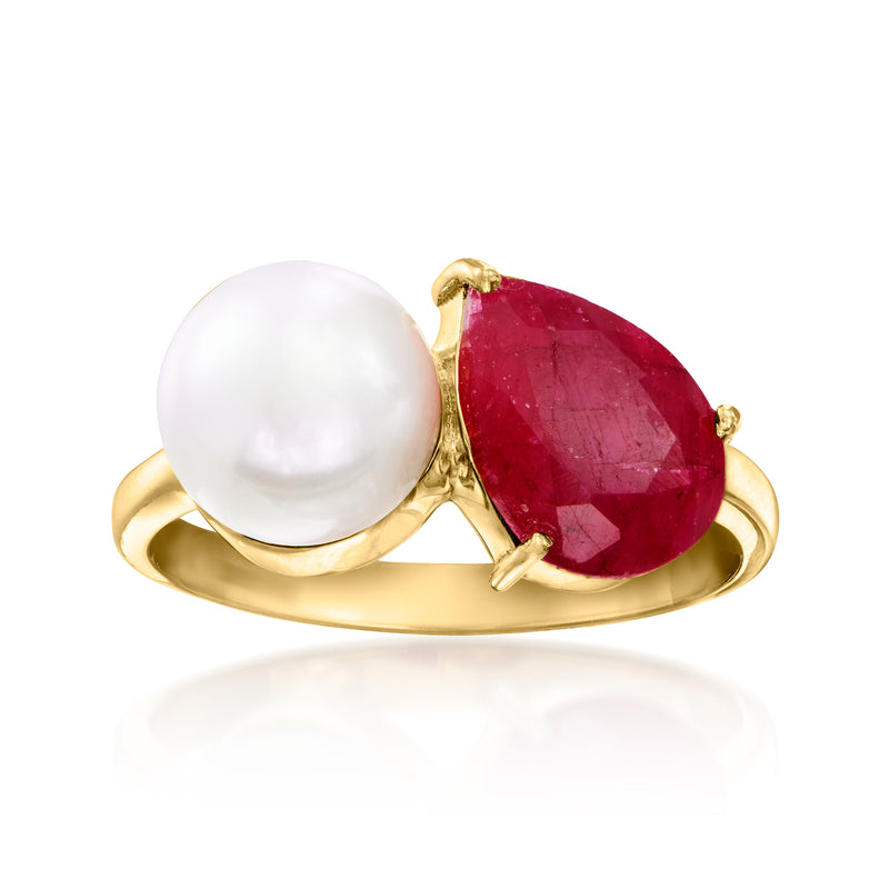 Gold-tone toi et moi ring with white pearl and red teardrop ruby-style stone