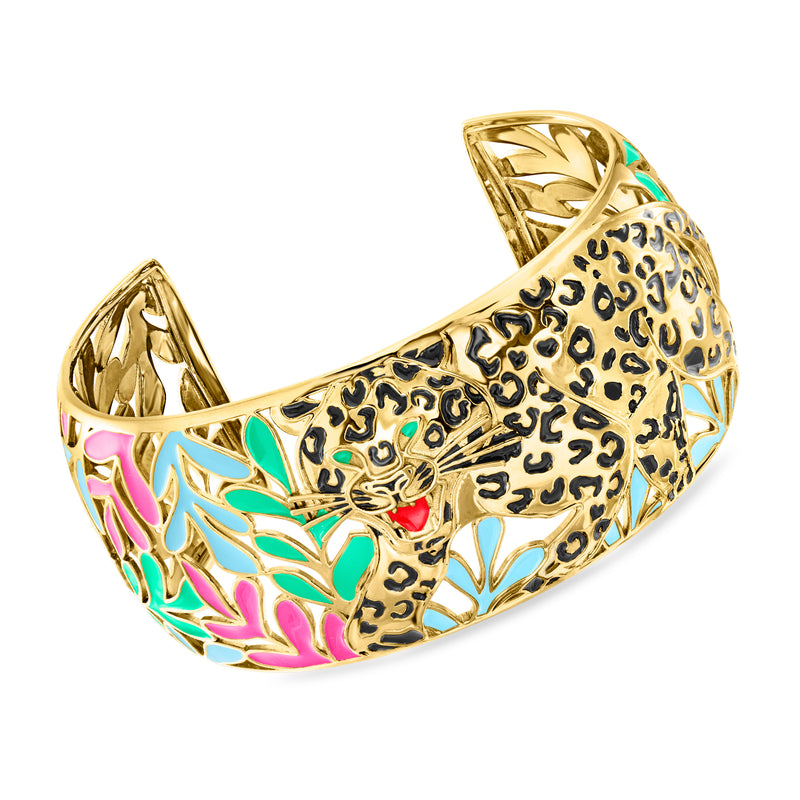Gold-tone enamel cuff bracelet with leopard print and colorful floral accents