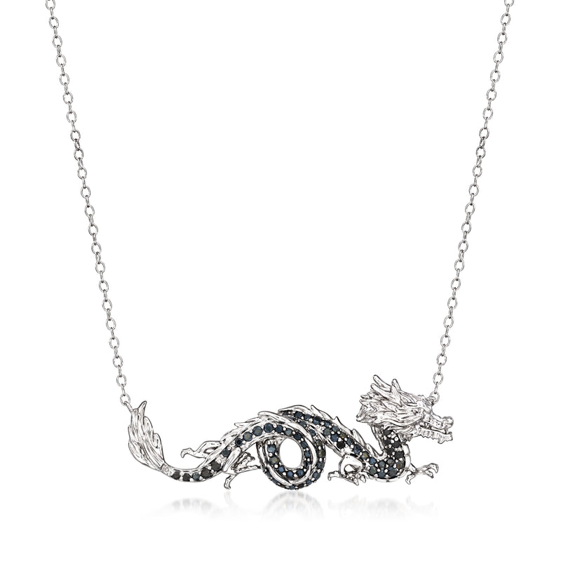 Sterling silver dragon necklace with dark oval center stone and black spinel accents