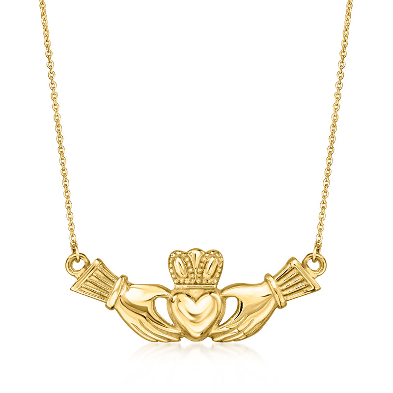 Yellow gold claddagh pendant necklace with heart, crown, and hands detail